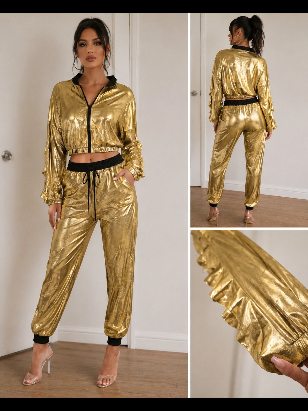Metallic Gold Track Jacket & Joggers Set - Women Pants & Jumpsuits